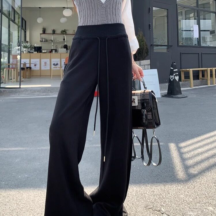 kumikumi慵懒风灰色抽绳休闲裤长裤女装春季垂感高腰阔腿裤拖地裤,男装休闲裤,星座506A