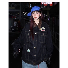 2605-P70美式复古高街牛仔外套女春秋季机车潮牌翻领宽松刺绣，男装工装外套，电商B323A