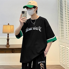 夏季撞色华夫格运动短裤T恤男女冰感印花短袖套装6617-P70控价98，男装T恤，电商A441-1