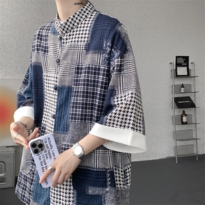 新中式拼接短袖衬衫男夏季风七分袖道袍盘扣外套DC28012P48图片