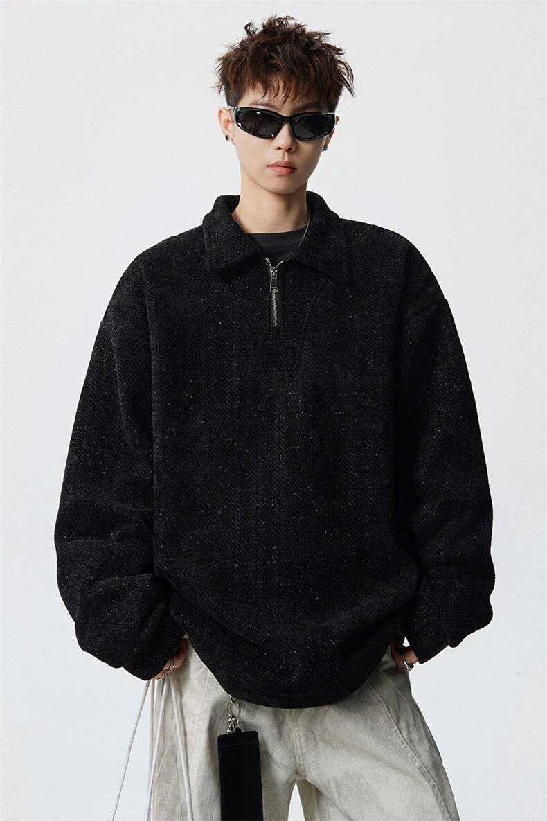 雪尼尔满天星半拉链翻领卫衣大码高级Polo衫外套LW610特P50加绒60,男装Polo衫,电商B215