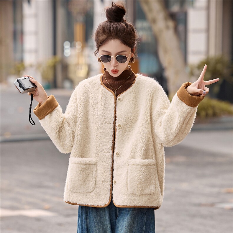 轻熟风气质拼色圆领羊羔毛外套女2025秋冬季百搭显瘦皮毛一体棉服,女装毛呢外套,蓝诺裳