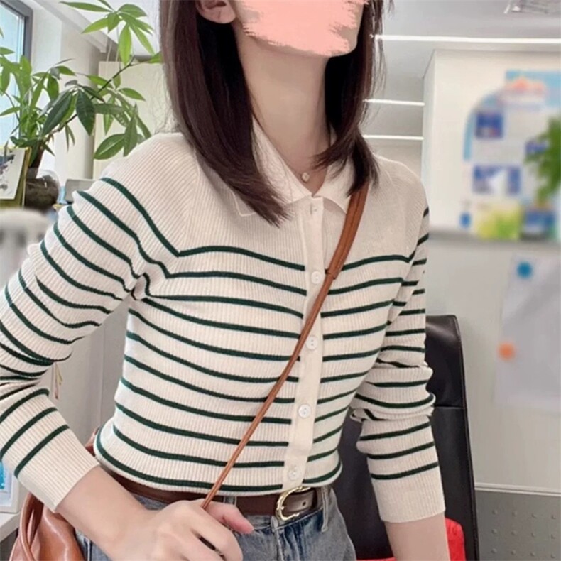 POLO领拼色条纹精纺羊毛开衫女撞色坑条长袖外套宽松毛衣针织上衣,针织衫/毛衣,暖烁特种纱工厂店