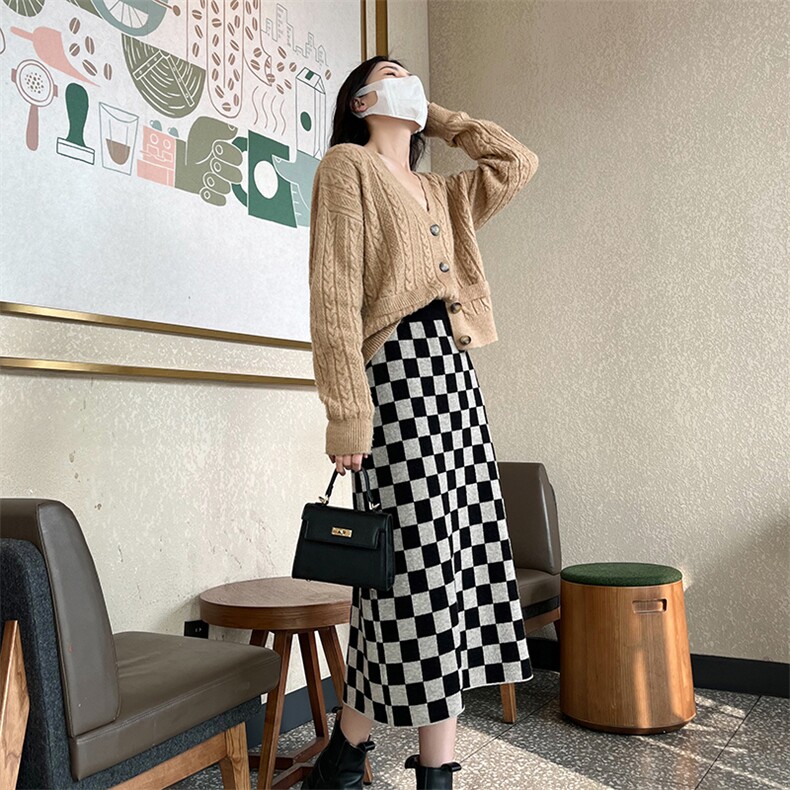 2024秋冬新款澳洲美丽诺羊毛半身裙女松紧腰气质棋盘格A字裙,女装半身裙,君贝羊绒