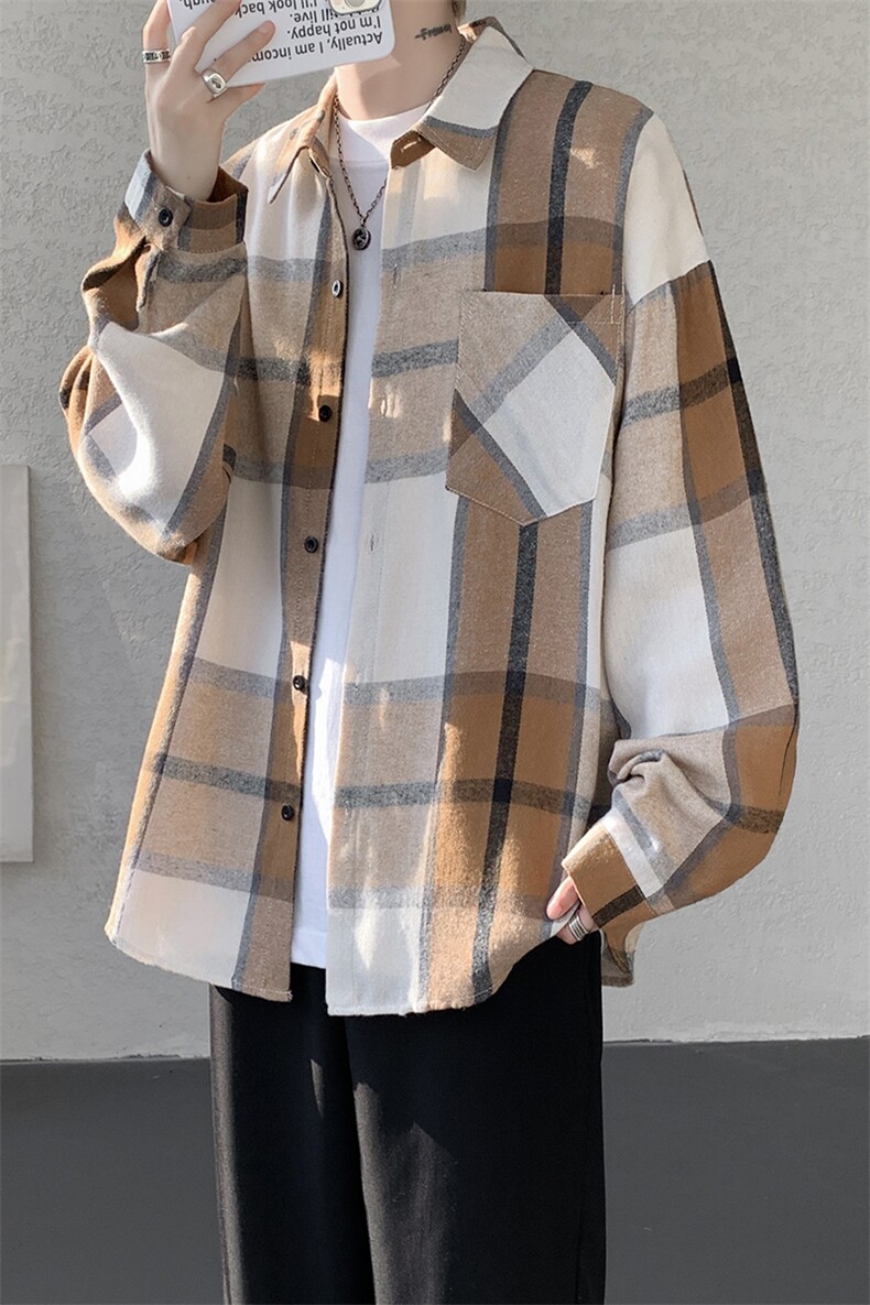 衬衫男春季新款港风宽松大码磨毛格子长袖衬衣CS6636-特P29,男装衬衫,星座214-3