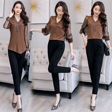 2021春装新款时尚女装套装优雅气质长袖上衣配高腰显瘦裤，女装套装/套裙，依如秀(原杭风阁)