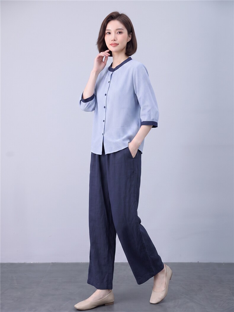 衬衫女撞色条纹宽松透气上衣,女装衬衫,曼沙奕珂
