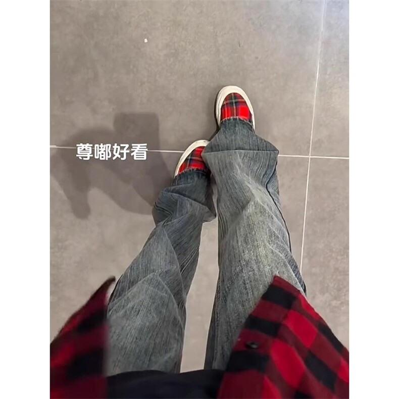 裤子美式高街水洗竹节竖纹牛仔裤男款微喇窄窄版直筒裤KZ8027-P55,男装牛仔裤,星座1007（原301D）
