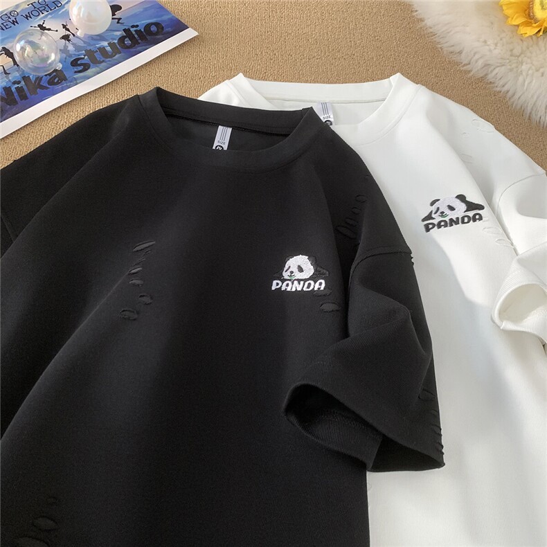 250克重磅开口笑破洞熊猫刺绣冰丝短袖美式高街T恤JF251特P42控68,男装T恤,电商A422-1