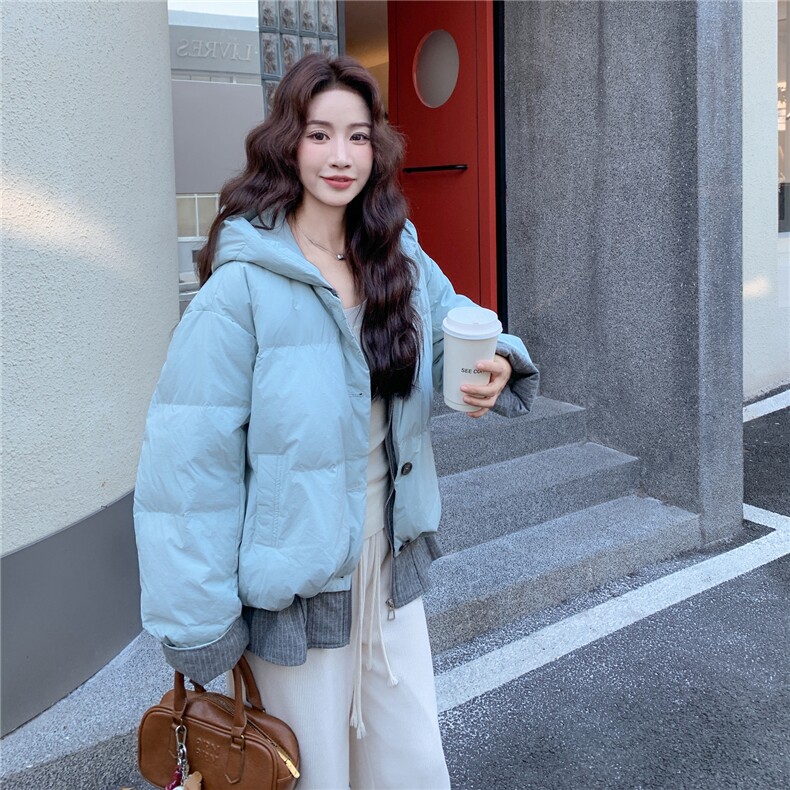 假两件蓝色连帽羽绒服女冬超火好看高级小众漂亮加厚面包服短外套,女装羽绒服,2C307