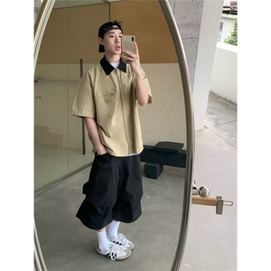 夏季日系纯棉字母刺绣拉链短袖衬衫外套男宽松拼色中袖衬衣潮图片