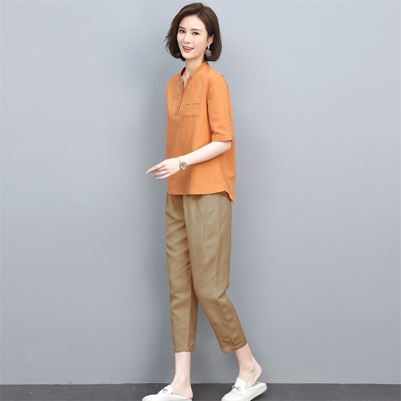 （新款）2024年夏时尚两件套装女亚麻棉刺绣上衣小脚裤,女装休闲裤,忆绮罗