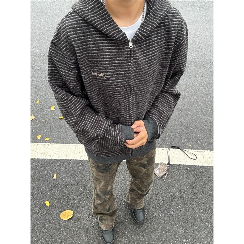 美式高街条纹设计感连帽卫衣男款秋季新款潮牌宽松情侣青少年外套,女装短外套,星座516A