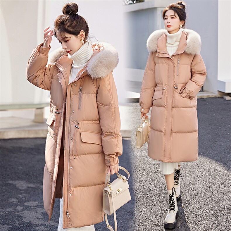 奢华狐狸毛领羽绒服女中长款2023冬季新款加厚过膝白鸭绒保暖外套，女装风衣，涵亦佰惠