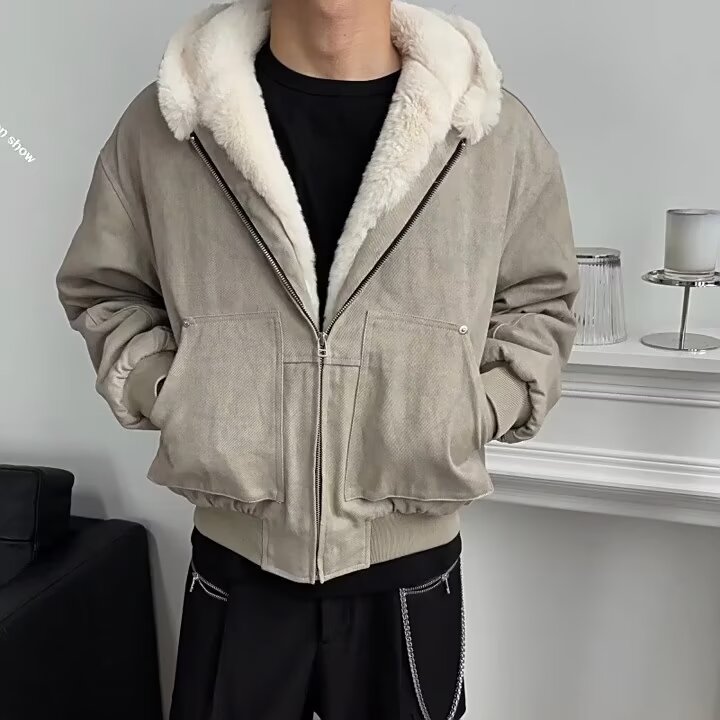 okaythxbye大理石座山雕棉服外套男冬季加厚美式复古毛领连帽夹克,男装棉衣,星座603-2