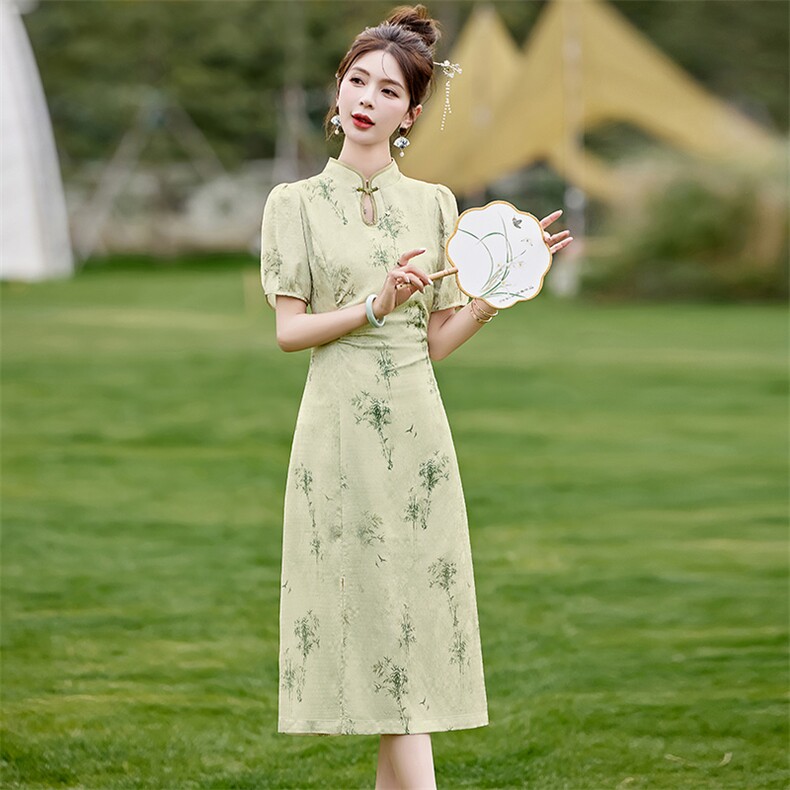 《48H发》实体优雅气质旗袍印花连衣裙,女装连衣裙,魅丽静蓝