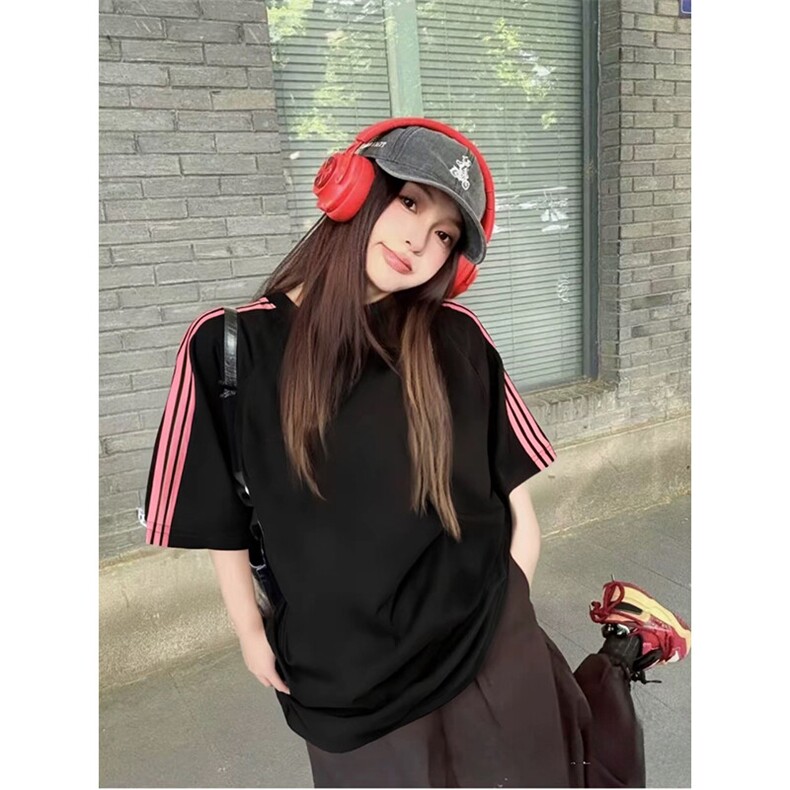 抖音得物品质二开240克宽松纯棉美式潮牌印花三条杠中性风短袖T恤,男装T恤,电商A486-1