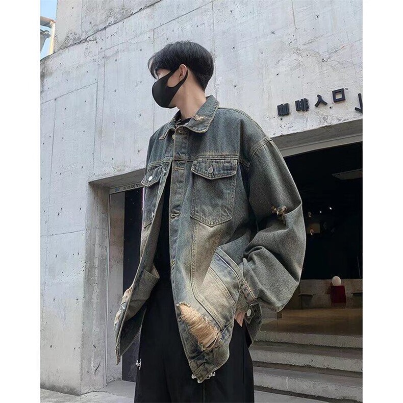 DW152-P65水洗做旧牛仔夹克男新款潮流破洞美式复古痞帅休闲外套图片