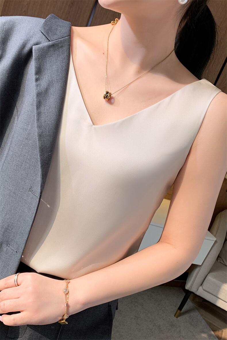 重磅真丝前后双V领女夏无袖西装吊带内搭宽松真丝纯色外穿上衣,女装背心吊带,朝贺羊绒