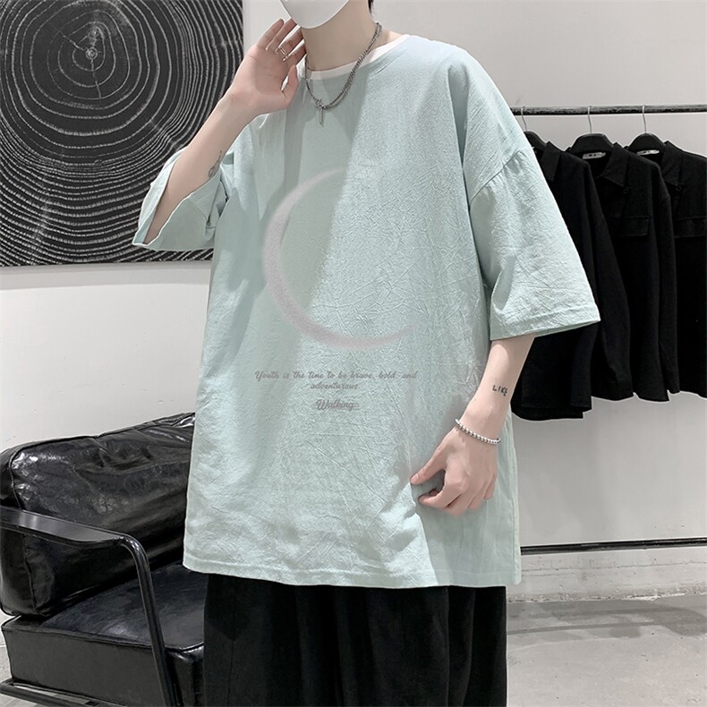 YT26349-P30亚麻短袖t恤男大码五分袖男宽松七分袖大皂风模特,男装T恤,电商A040