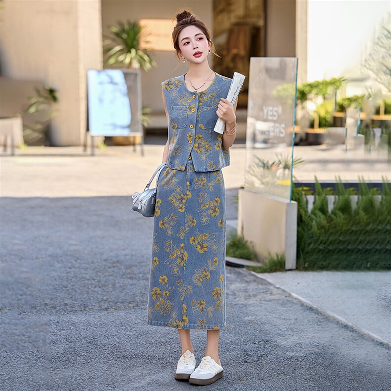 新中式盘扣牛仔套装裙女2025年夏季新款复古印花半身裙两件套,女装套装/套裙,关键词
