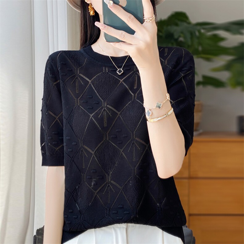 夏季新款竹节麻圆领针织短袖上衣女薄款镂空钩花打底宽松半袖T恤,针织衫/毛衣,大美人包芯纱店