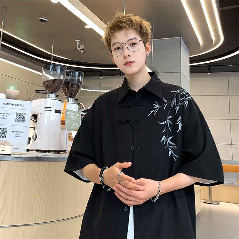 新中式冰丝港风休闲衬衫印花短袖XZ-907特P28无差价，男装衬衫，星座907