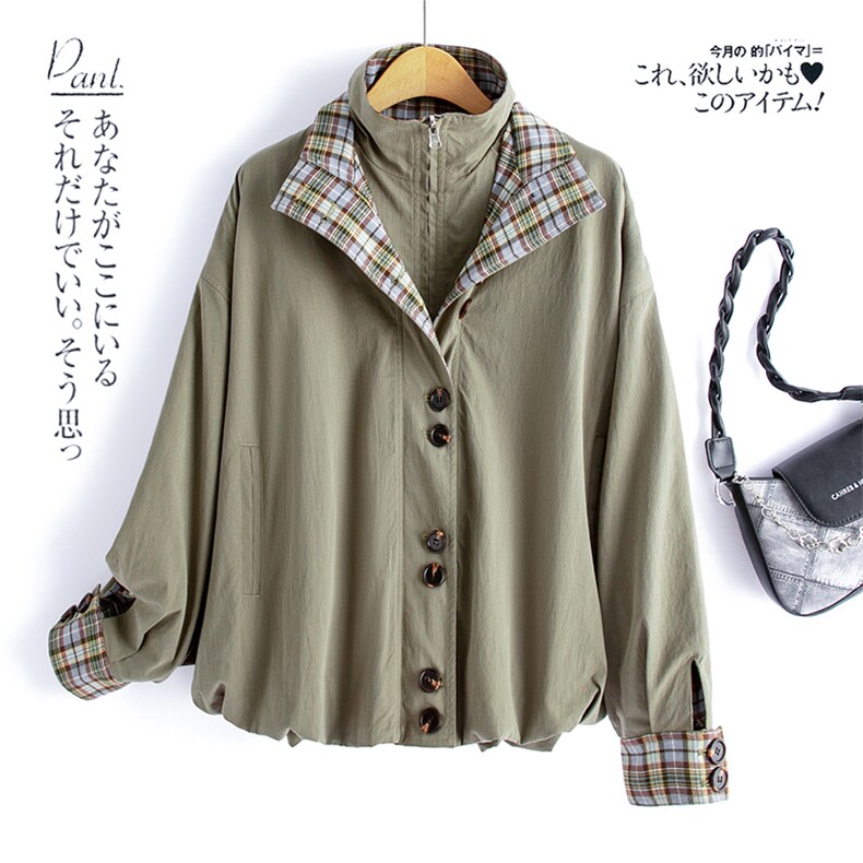 水衣源2796款灯笼外套女咸菜绿立领格子拼接洋气一手长风衣，女装风衣，水衣源