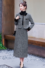 小香风毛呢套装女秋冬2025新款高级感时尚洋气包臀半身长裙两件套，女装套装/套裙，雅静靓衣
