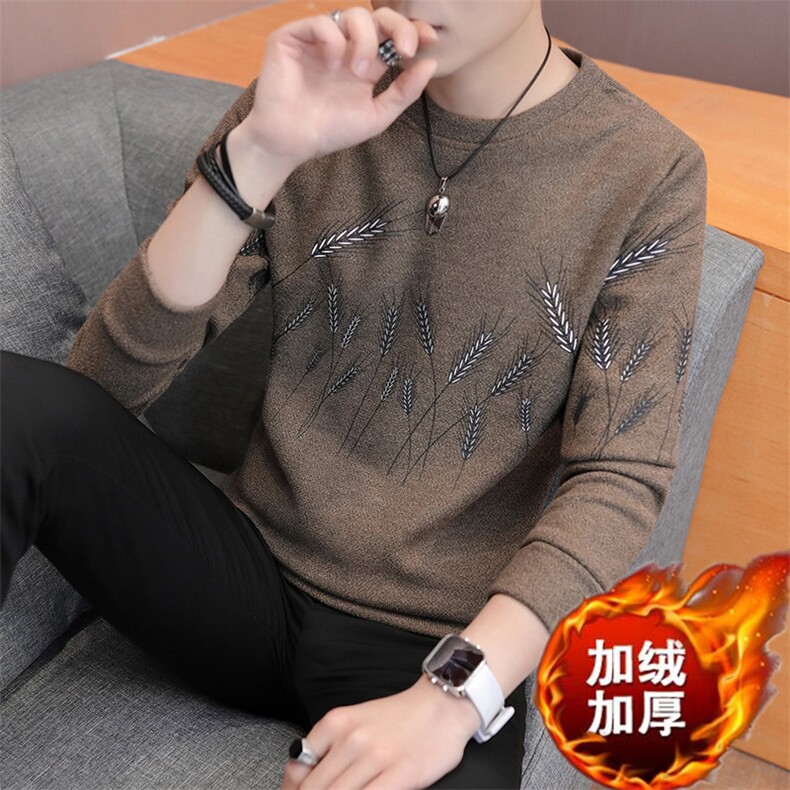 冬季加厚保暖长袖卫衣男外贸打底衫小麦穗圆领套头灰9601加绒,男装卫衣,星座1207
