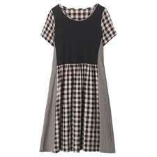 时尚拼接格纹连衣裙显瘦修身大码女装优雅气质短袖裙装，女装连衣裙，依恋蒂丝