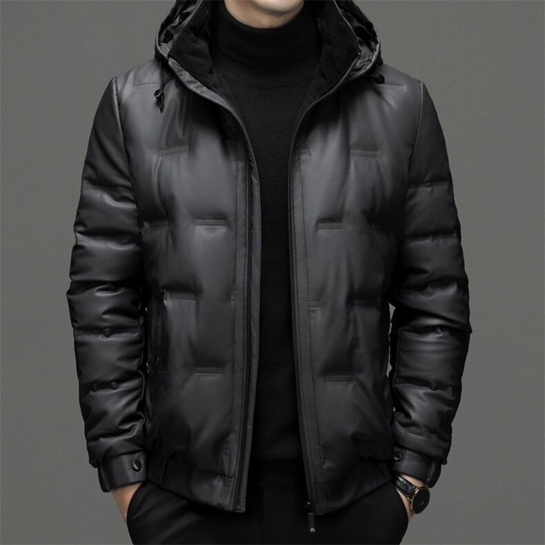 加大码冬季男士白鸭绒皮羽绒服品质休闲连帽加绒保暖商务简约男装图片