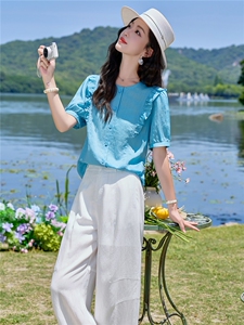 蓝色气质亚麻套装女休闲慵懒风小众设计感两件套木耳边衬衫透气裤图片