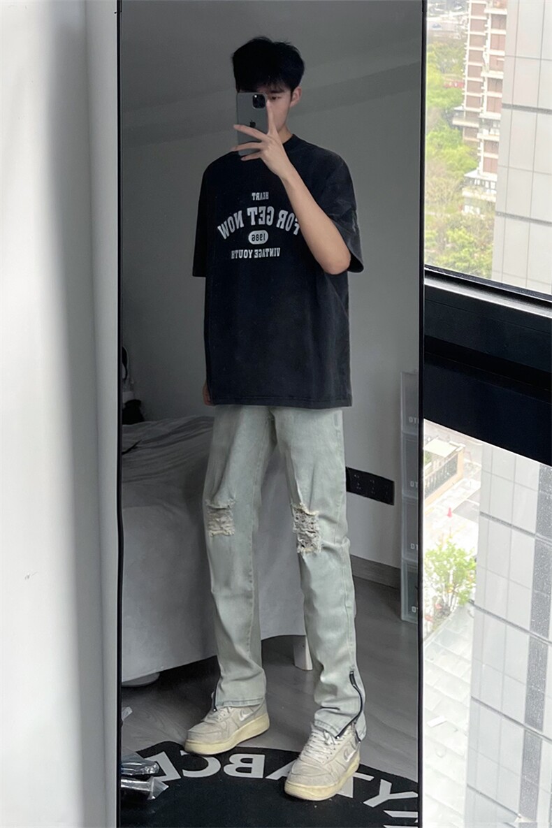 B221美式ins高街暗黑拉链小脚弹力破洞牛仔裤LK23060-P65控88,男装牛仔裤,电商B221