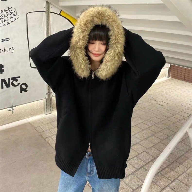 美式复古连帽开衫毛衣男女冬季毛领百搭休闲针织衫慵懒风情侣外套,男装针织衫/毛衣,星座506A