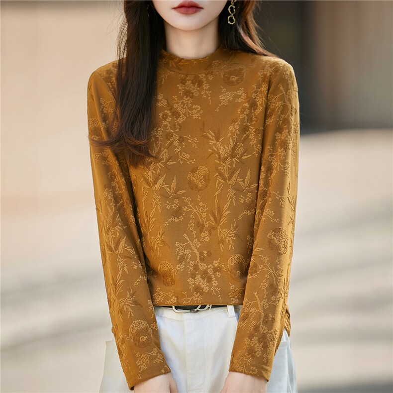 通勤轻奢浮雕提花针织打底衫女2025新款洋气长袖百搭显瘦内搭毛衣，女装针织衫/毛衣，圣丽羊绒