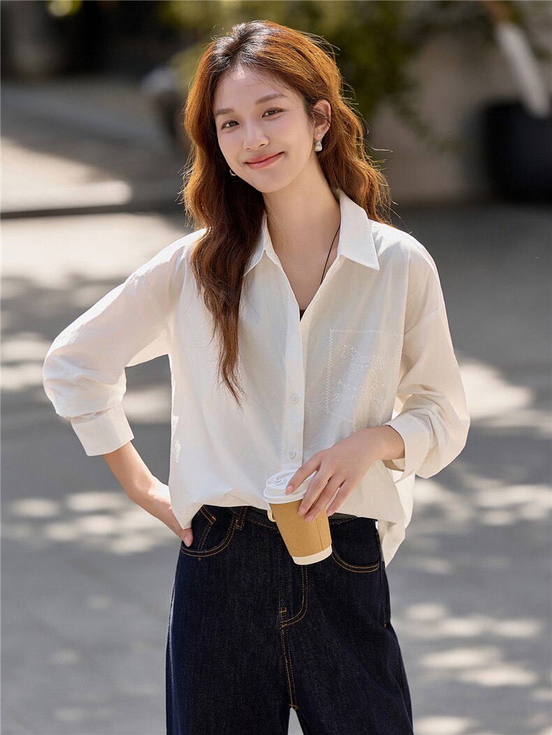 白色纯棉长袖开衫女2026秋季新款绣花衬衫打底搭配上衣,女装衬衫,梦懿尔