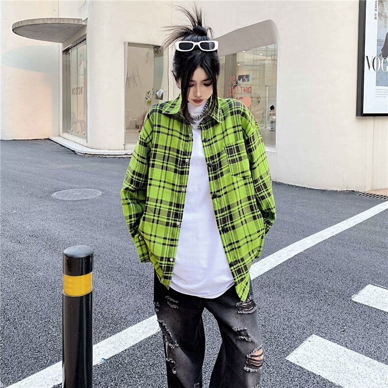 D153-P48春秋潮高街美式情侣宽松绿色衬衣外套格子衬衫,男装衬衫,星座911