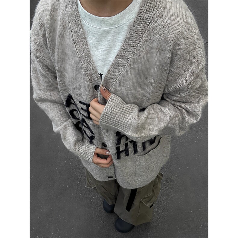 MY9816-P59字母提花V领开衫毛衣男女秋季软糯慵懒风针织衫美式,男装针织衫/毛衣,电商B323A
