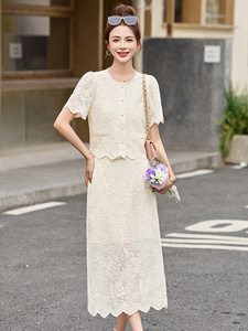 小香风米白色蕾丝套装连衣裙女2026夏季新款气质短袖半身裙两件套图片