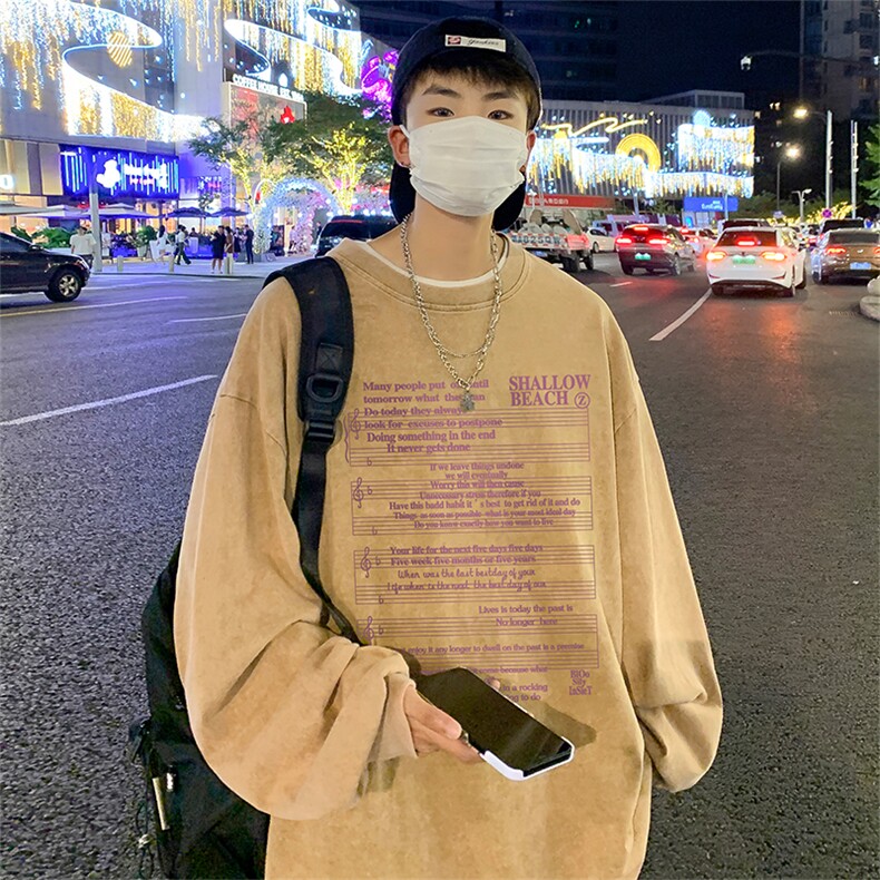 直播品质重磅纯棉美式蜡染水洗做旧潮牌宽松长袖t恤CT383特P38,男装T恤,电商A486