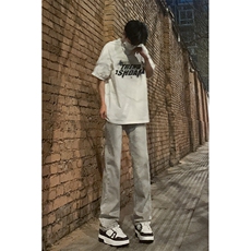 现货大码高品质微喇弹力烟灰水泥色直筒牛仔裤K5800-P55控78，男装牛仔裤，星座205