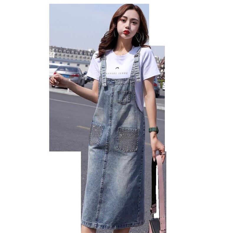 简约个性拼色中长款牛仔连衣裙2021年夏季时尚潮流舒适,女装连衣裙,秋水欣儿