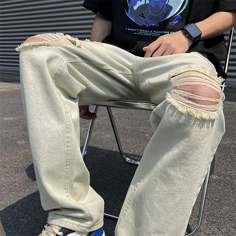 破洞牛仔裤男女夏美式高街复古直筒宽松潮牌痞帅乞丐裤N01613-P40,男装牛仔裤,星座308B-1