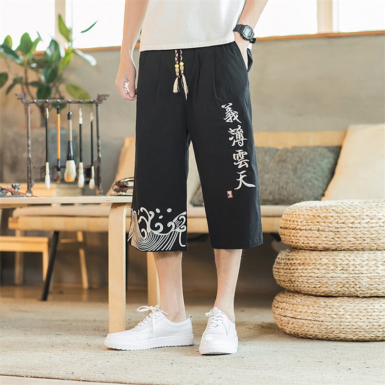 夏季男士七分裤刺绣直筒休闲裤中裤棉麻风男装A266-1-K08-P50,男装休闲裤,电商A266-1