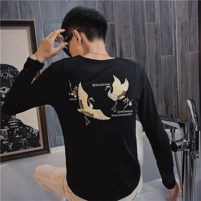 1秋季长袖修身T恤仙鹤刺绣社会小伙韩版潮男打底衫C301B-CT15-P45,男装T恤,电商C301B