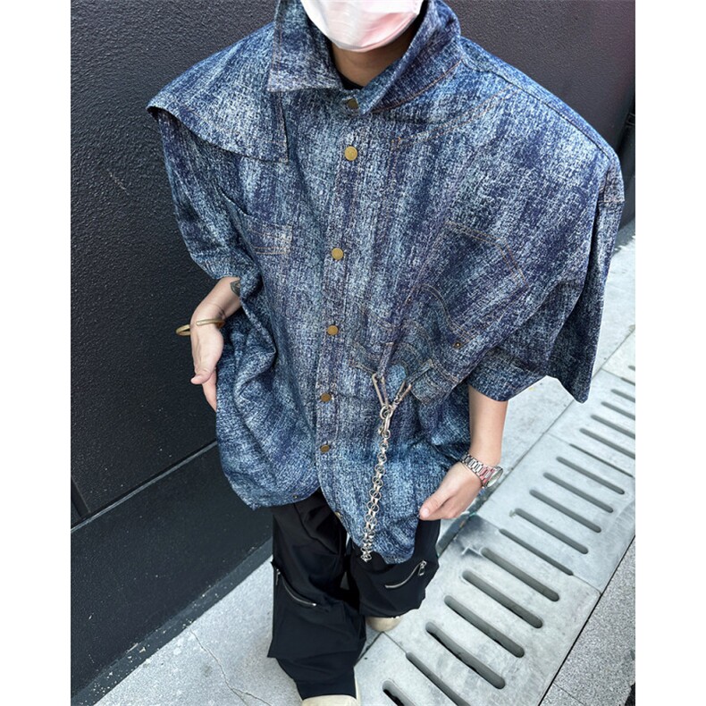 现货！设计感男士垫肩牛仔设计垫肩衬衫短袖DX170-P78无链子,男装T恤,电商B288