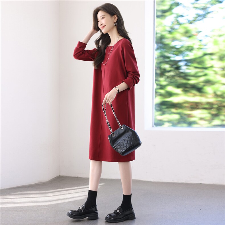 2025年秋季时尚优雅圆领中长款减龄百搭长袖连衣裙,女装连衣裙,依恋蒂丝
