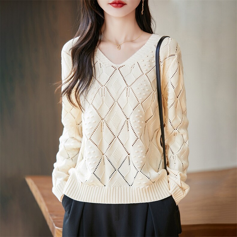 2025时尚百搭菱形镂空针织衫，女装针织衫/毛衣，长今羊