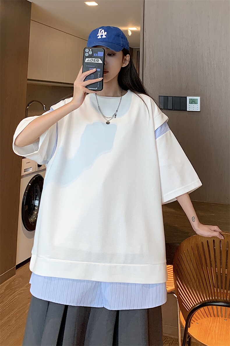 情侣装假两件条纹衬衫拼接潮情侣短袖T恤上衣男G1052P45女,男装T恤,电商A339